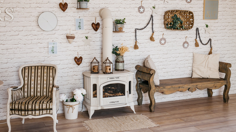 maximalist fireplace with white brick