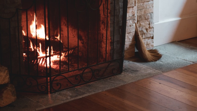 fireplace with black mesh screen