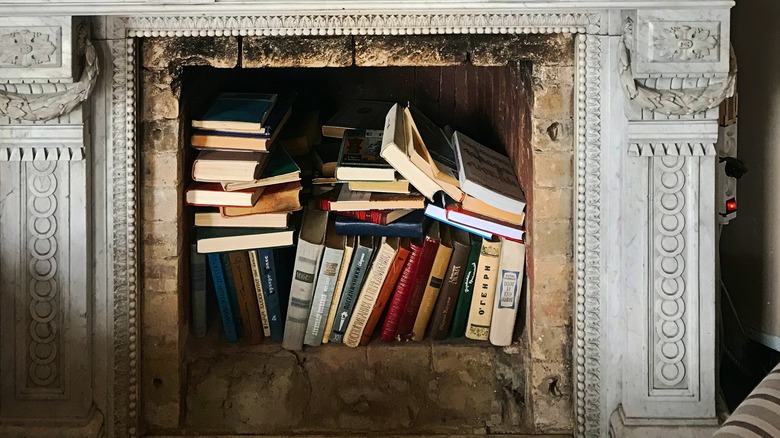 fireplace with books inside it