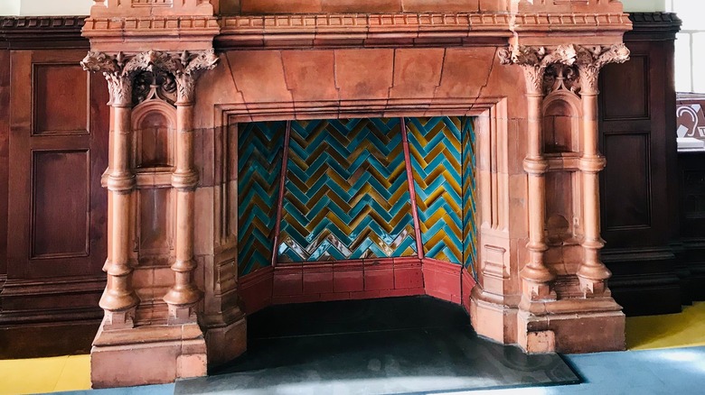 tiled herringbone gothic fireplace