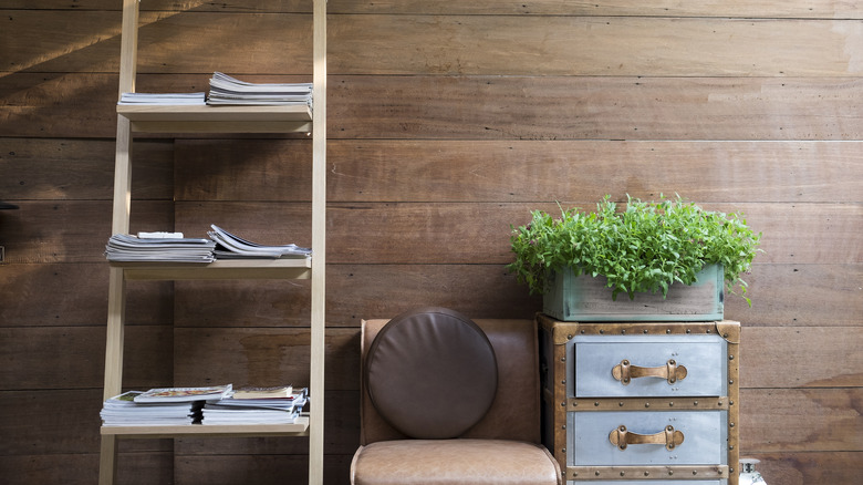 ladder shelves with travel magazines