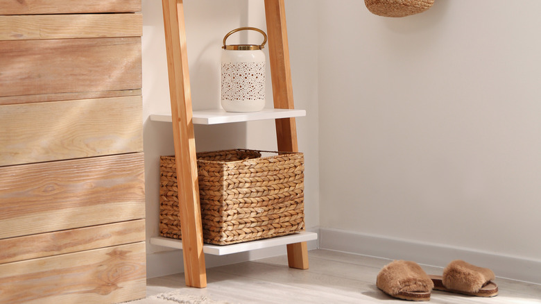 wicket basket on ladder shelf