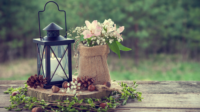 acorns and pine cone lantern