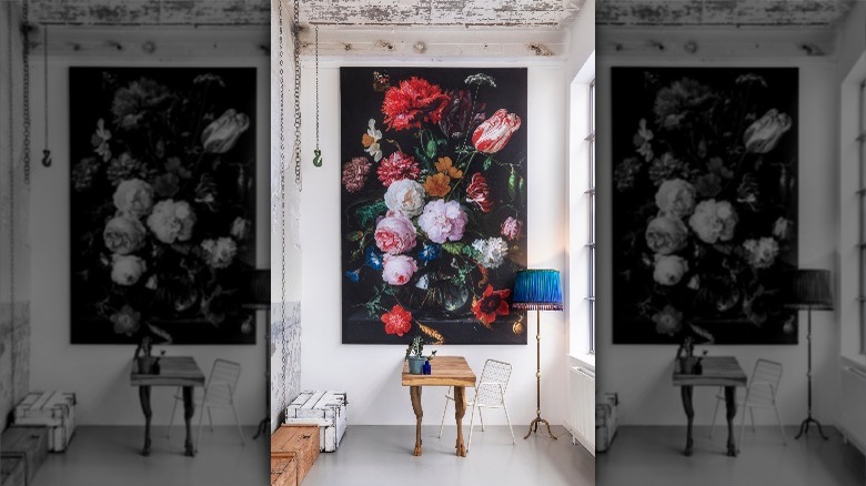 large floral painting on wall