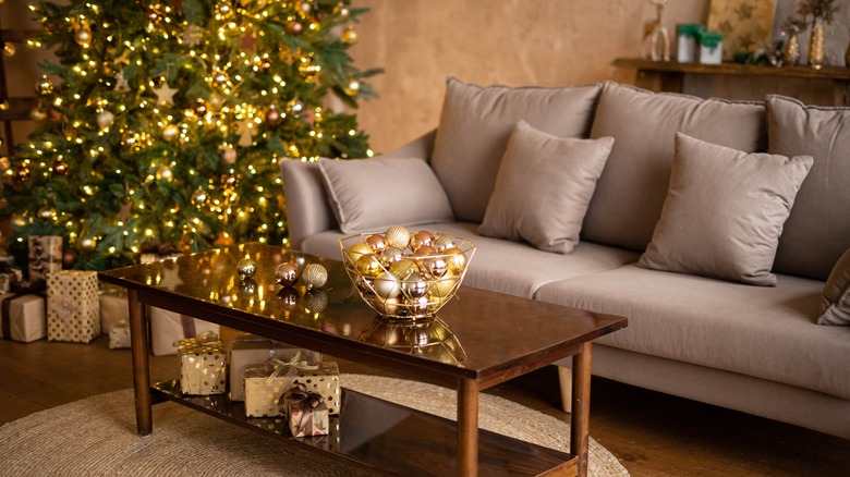 ornaments in basket on table