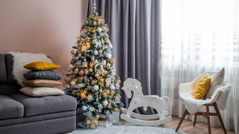 Christmas tree and stacked pillows