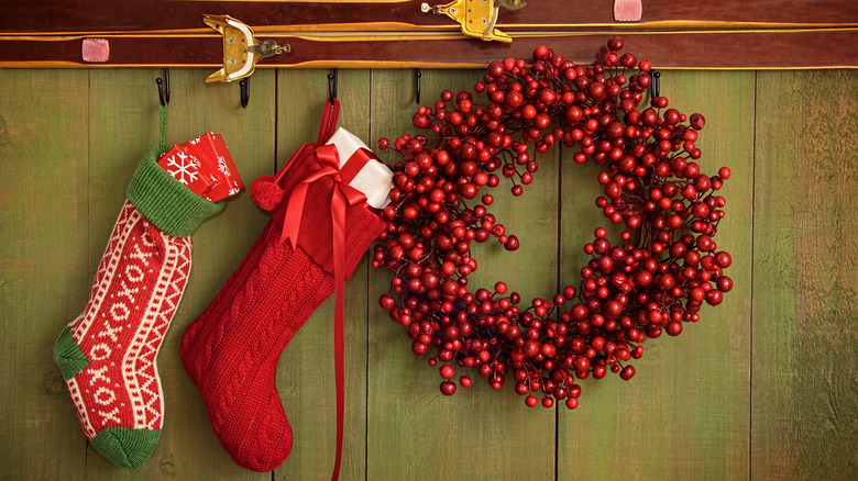 stockings and wreath on hooks