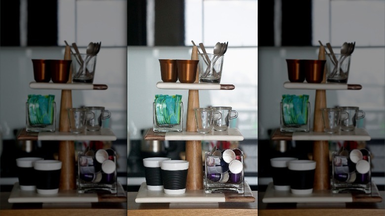 tiered stand with coffee accessories