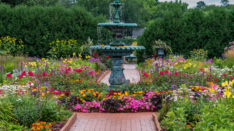 brick path to running fountain 