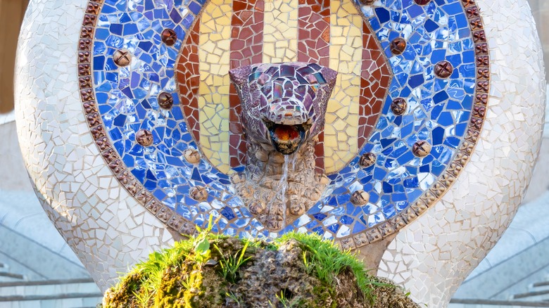 blue and white mosaic fountain