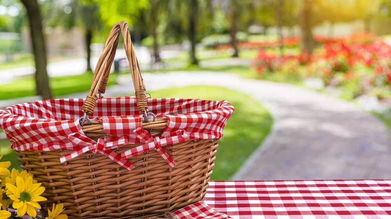 wicker basket on gingham cloth