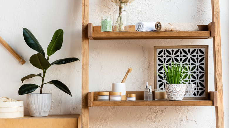 open shelving in white bathroom