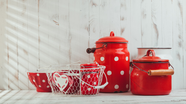 Polka dotted and solid colored kitchenware 