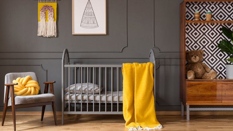 gray nursery with yellow accents 