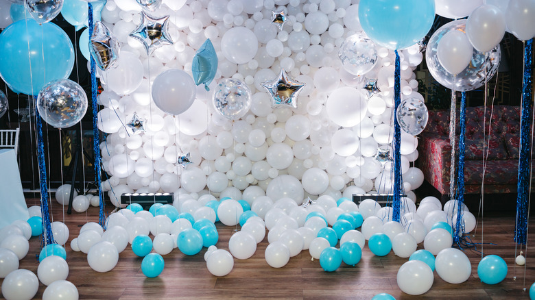 white and blue balloon wall