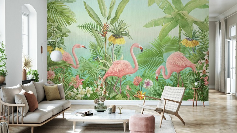 flamingo wallpaper in living room