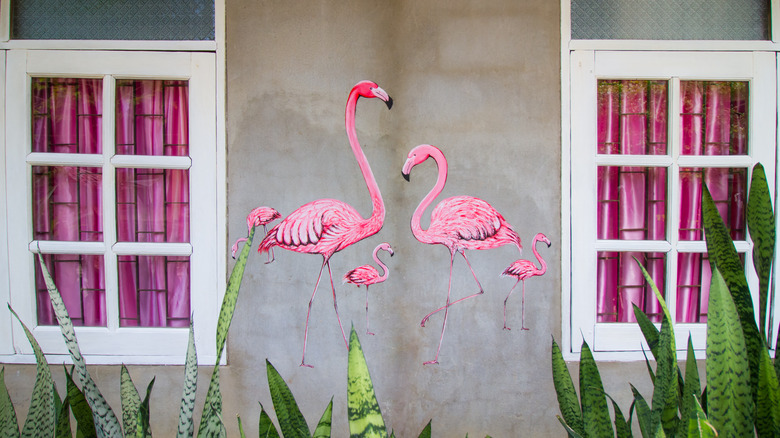 flamingo mural on house wall