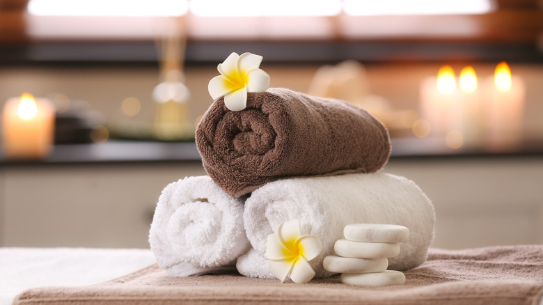fluffy bath towels with flowers