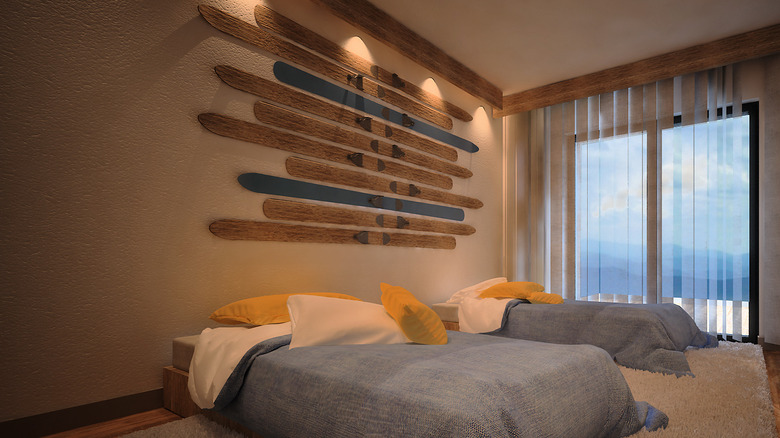 Bedroom with wall mounted skis