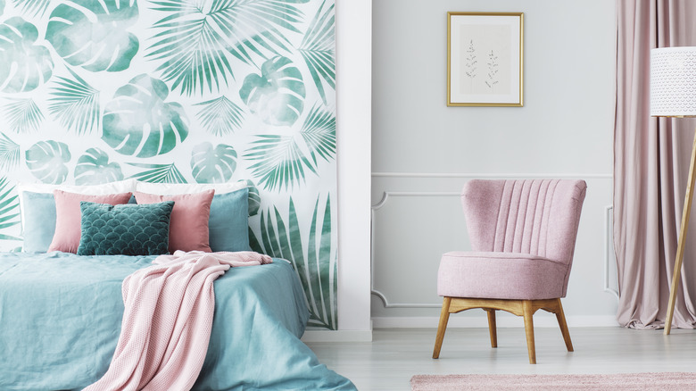 palm leaf wallpaper pink accents