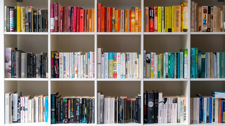 bookcase full of books, arranged by color