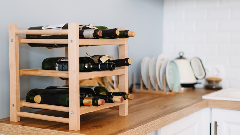 wooden wine rack in kitchen
