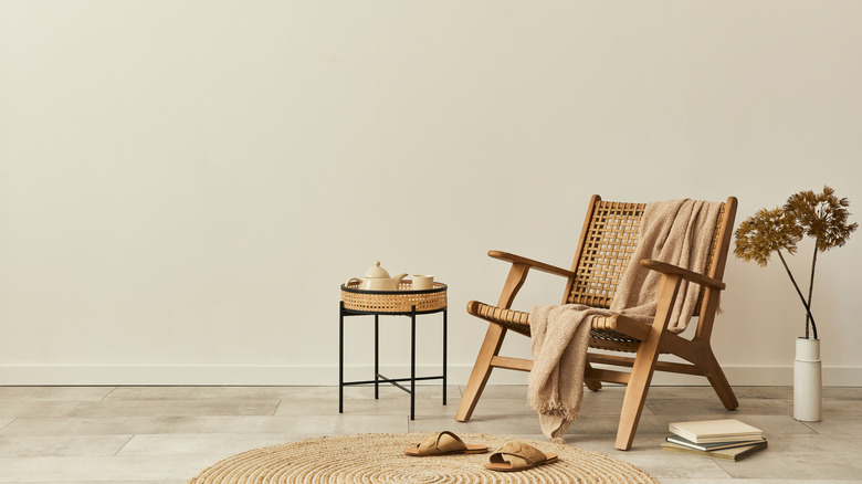 beige walls with wicker chair 