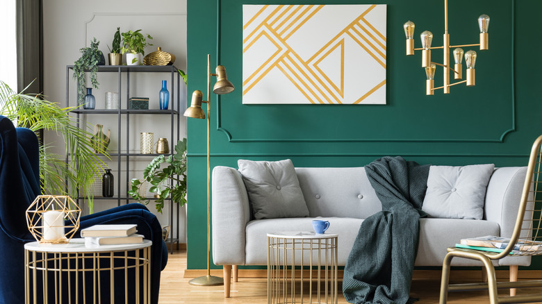 green walls gold accents living room