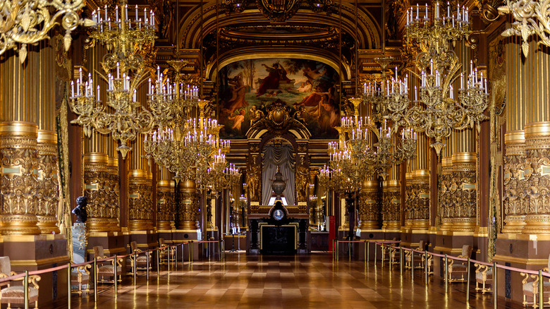 rows of chandeliers in palace