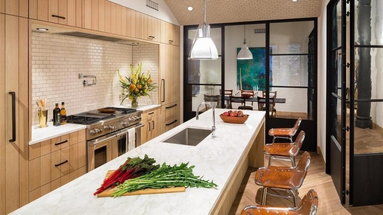 interior of Ashley Olsen's NYC kitchen with the marble countertop