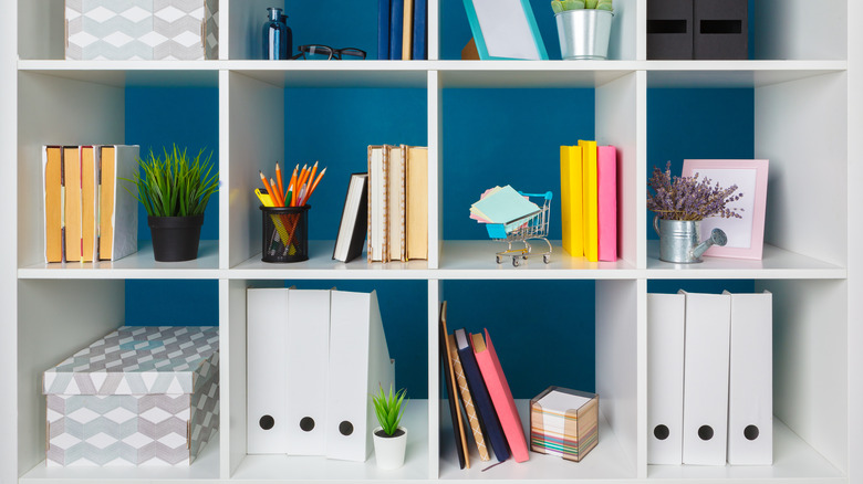 organized shelves in home office