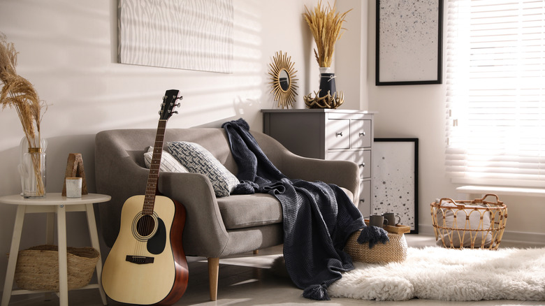 Styled living room with guitar