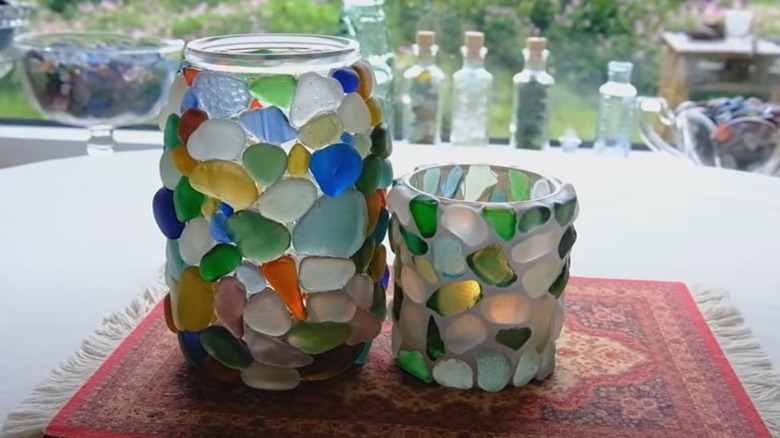 jars covered in sea glass 