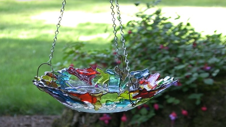 multi-color sea glass bird bath