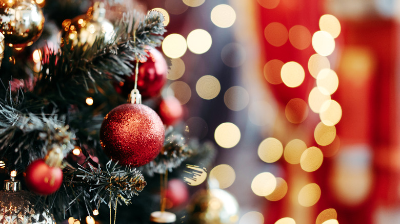 red ornaments on Christmas tree