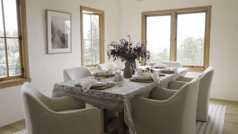 floral tablecloth in dining room