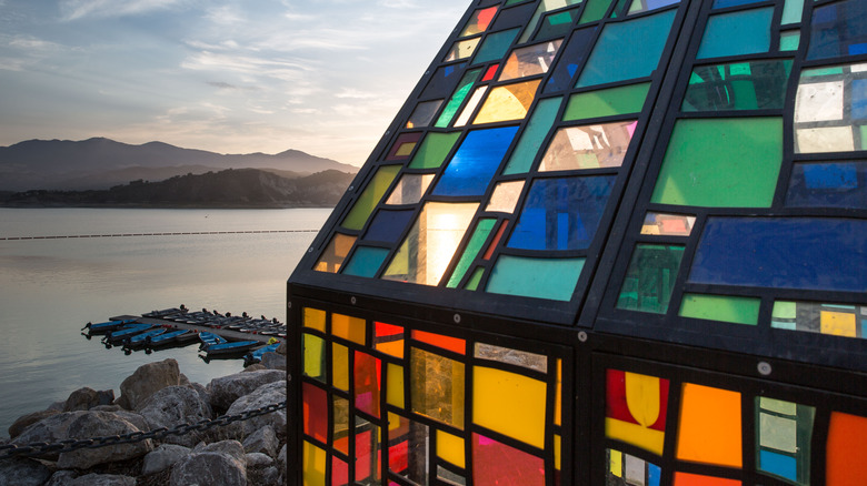 colorful stained glass home outside