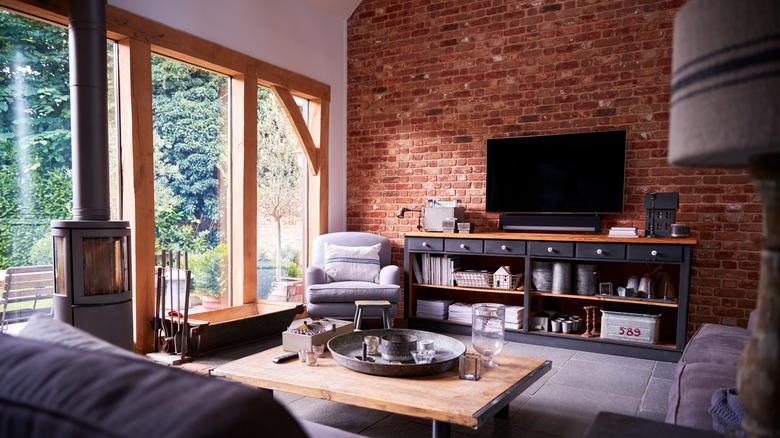 exposed brick wall living room