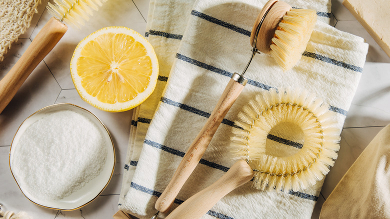 salt lemon and wooden brushes