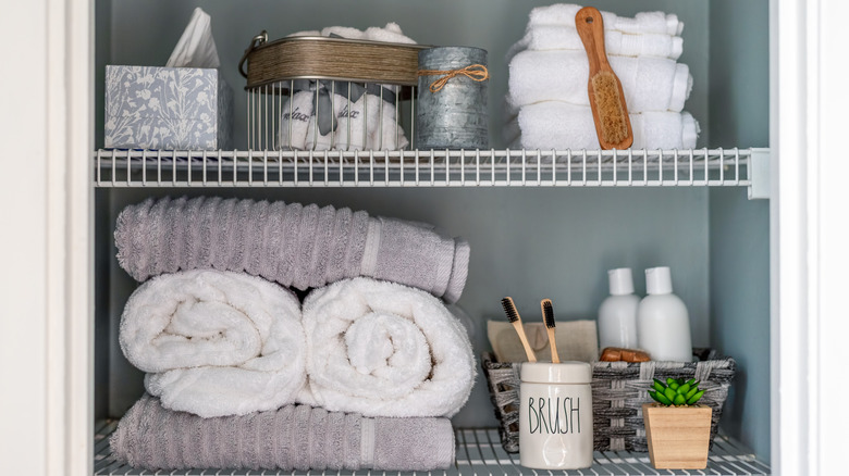 bathroom linen closet with supplies