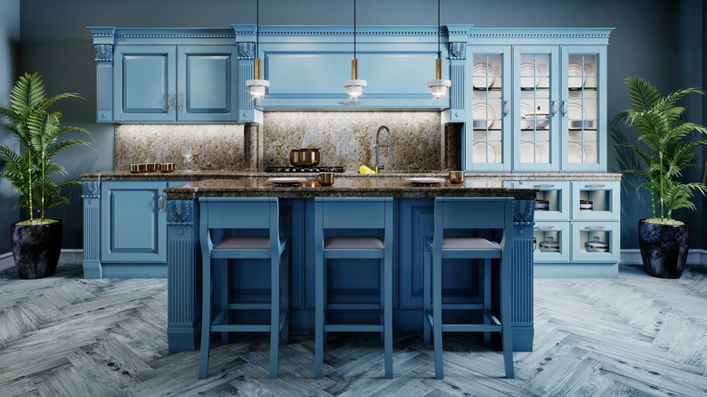 blue kitchen with patterns