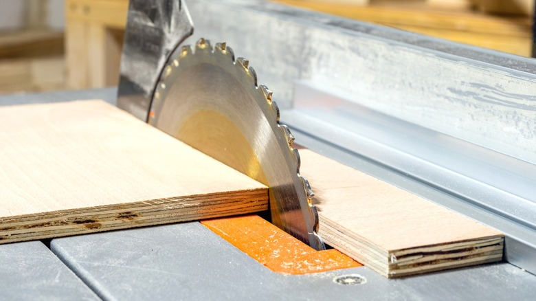 Table saw cutting a strip off birch plywood panel