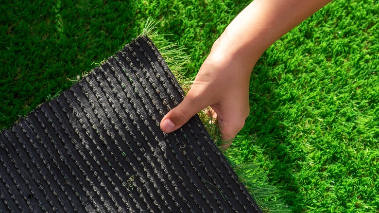 Close-up of artificial grass turf backing