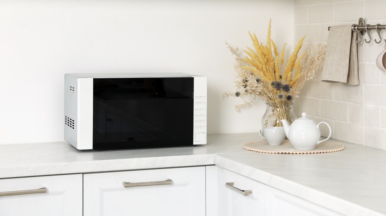 Dried flowers next to microwave