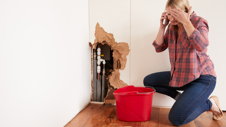 Woman kneeling by damaged drywall