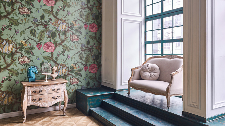 Floral wallpaper in a sitting area