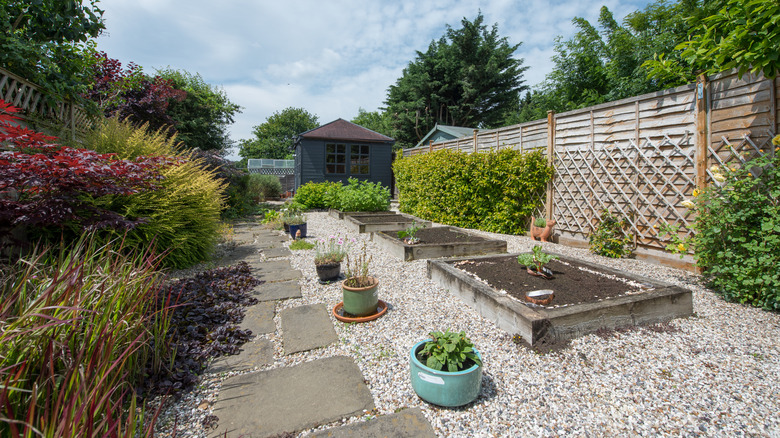 Gravel used around planting beds for drainage and ground cover