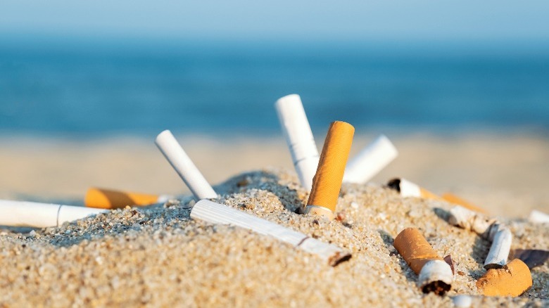 Cigarette butts on sandy beach