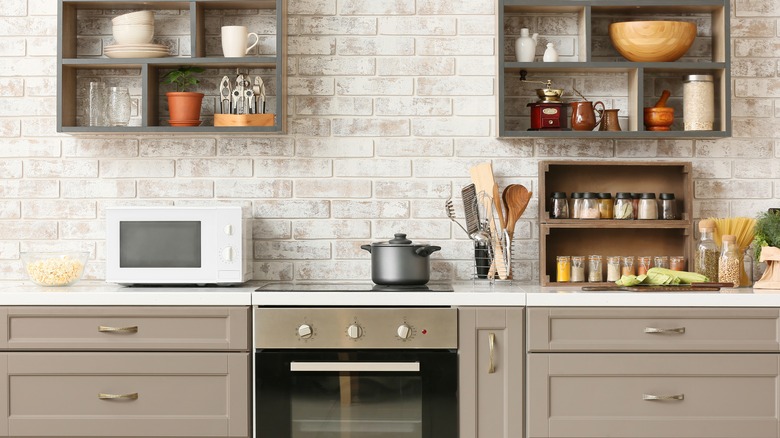 whitewashed brick backsplash