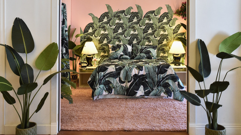 Bedroom with banana leaf prints